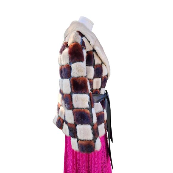 Rare Vtg Brown Cream Black Rabbit Mink Fur Checkered Belt Festive Winter Coat - Picture 4 of 9